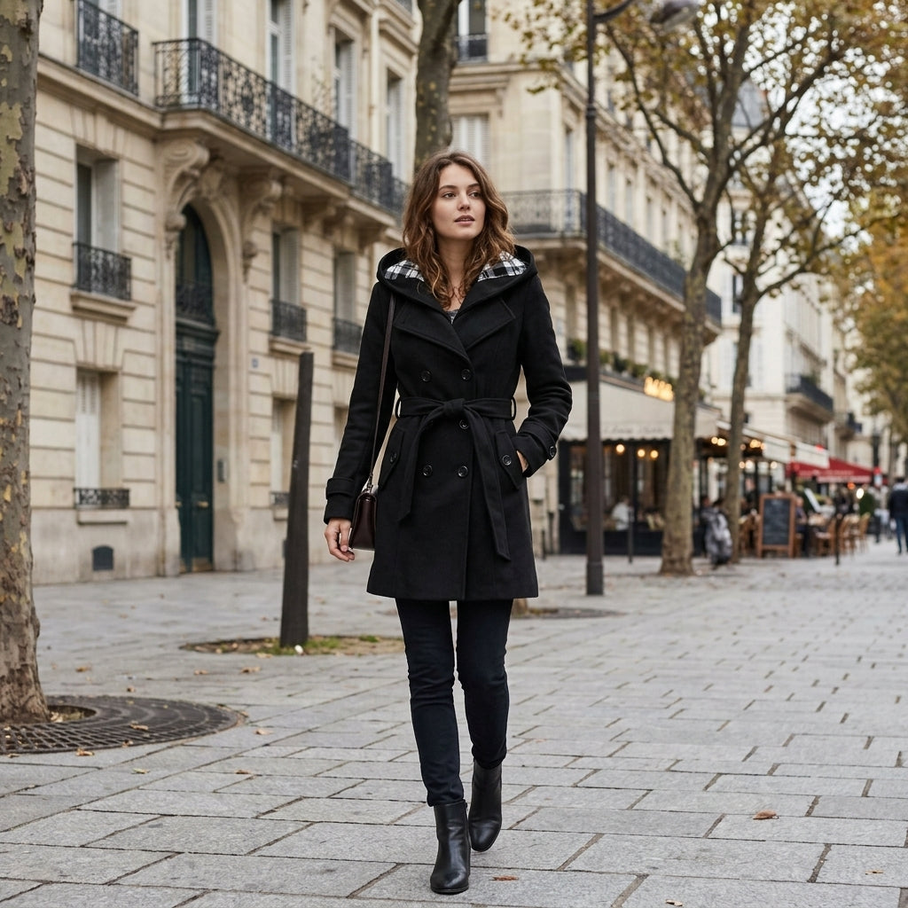 Manteau en laine à capuche et ceinture
