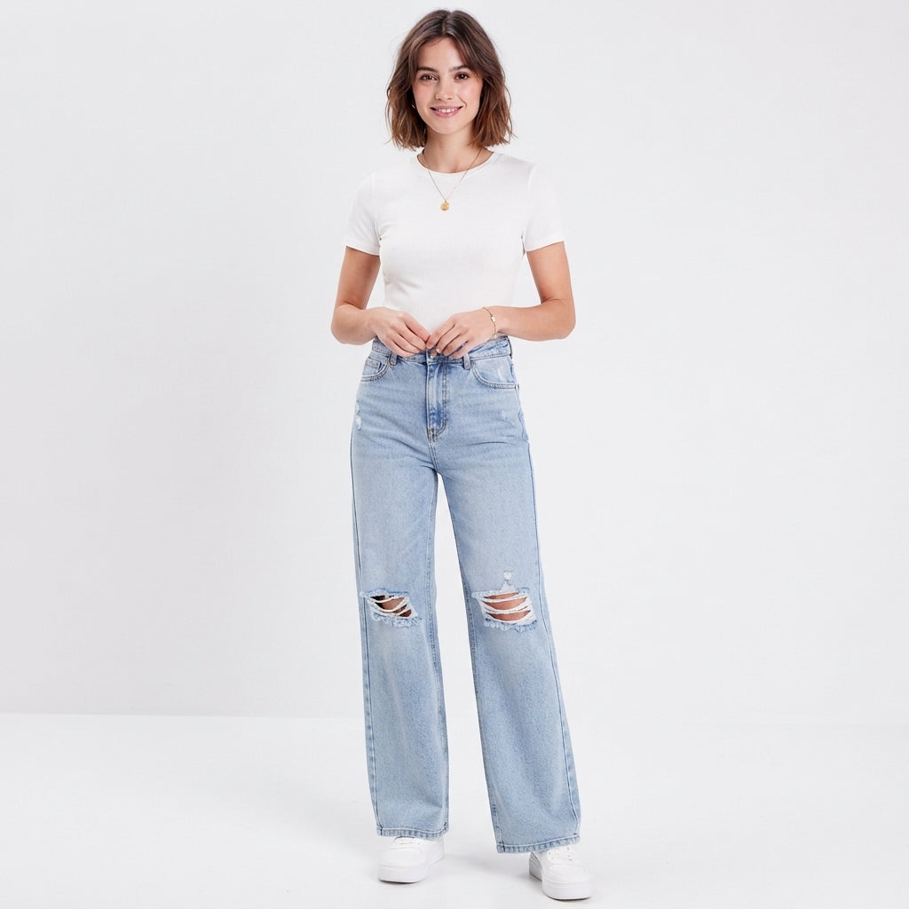 Jean baggy taille mi-haute effet usé