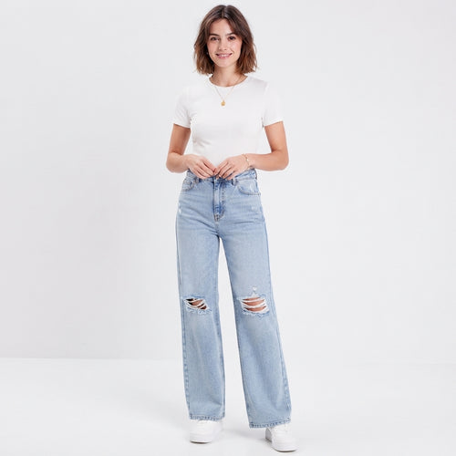 Mid-rise distressed baggy jeans