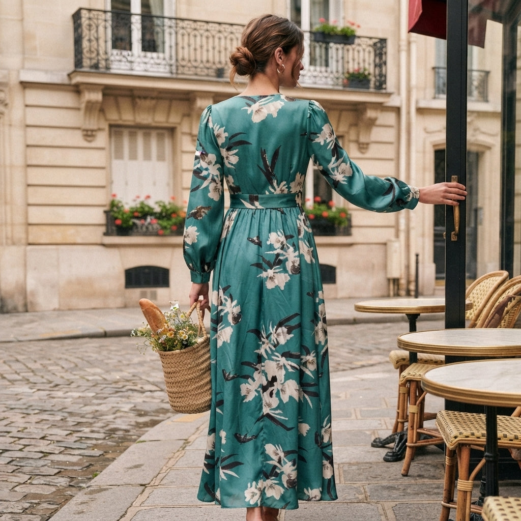 Robe longue violette à fleurs et col en V