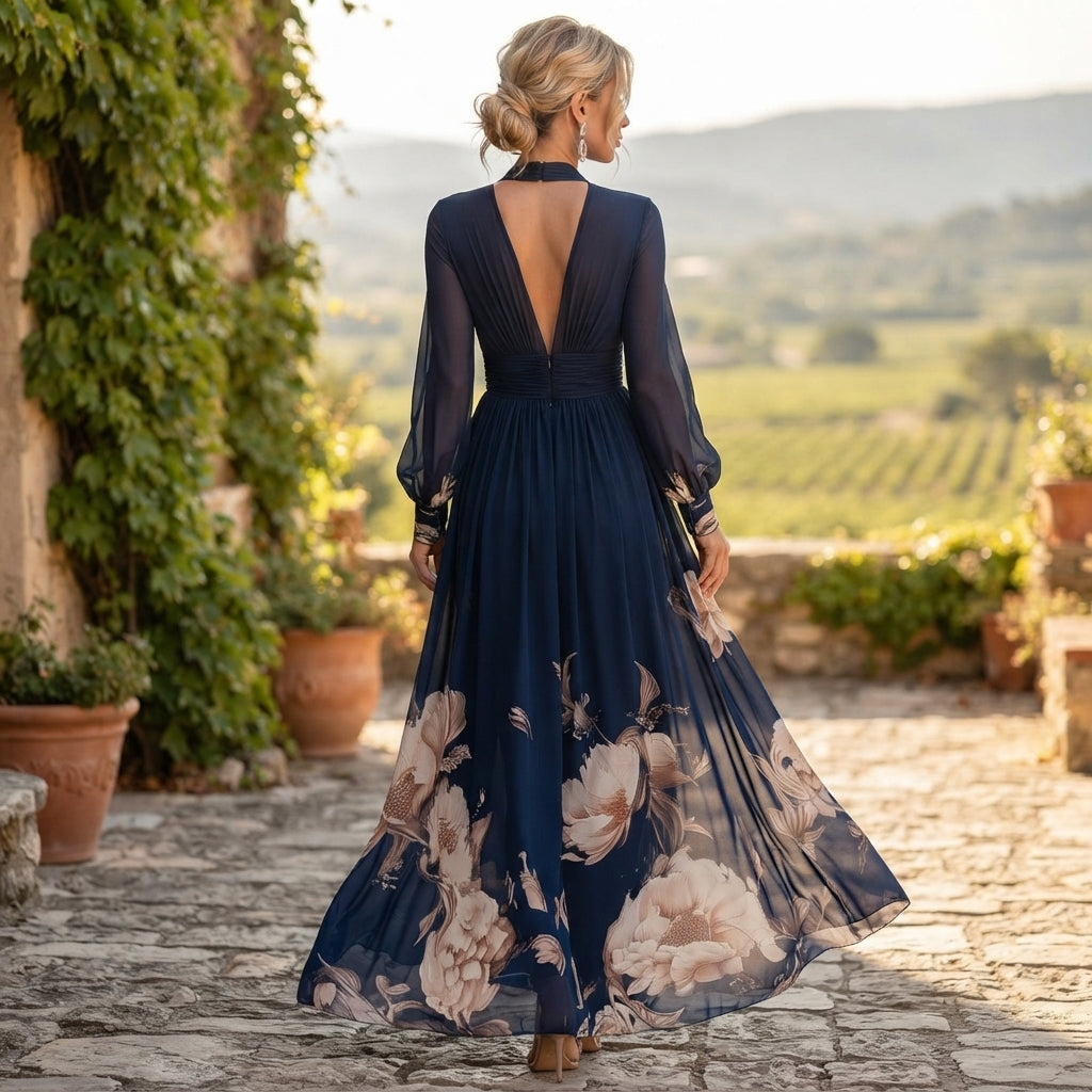 Robe longue Isabelle à manches transparentes et imprimé floral