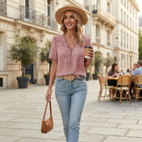 Blouse à col en V et finitions en dentelle