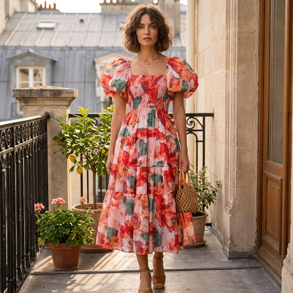 Robe midi fleurie Léa à épaules dénudées