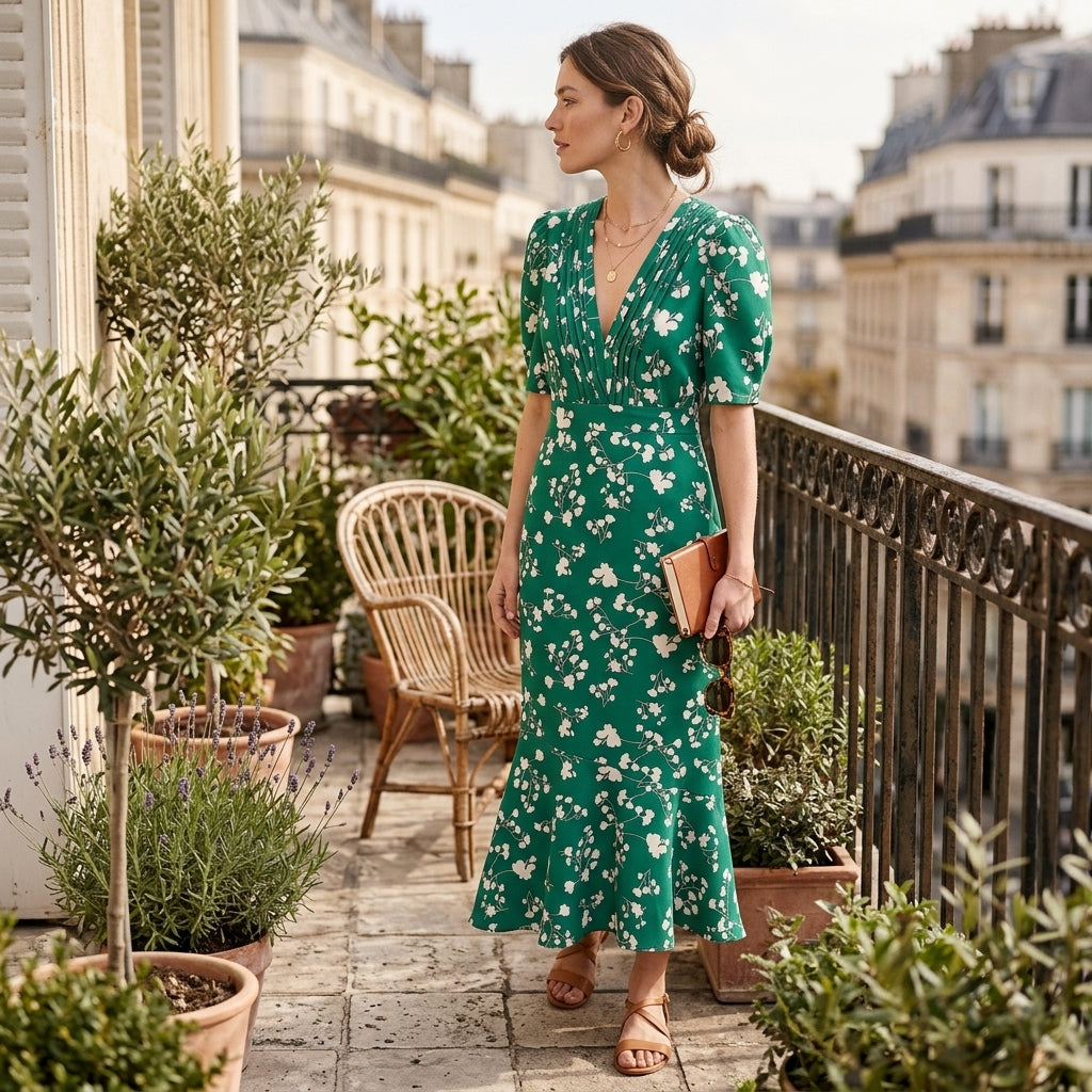 Robe midi fleurie à décolleté plongeant en V