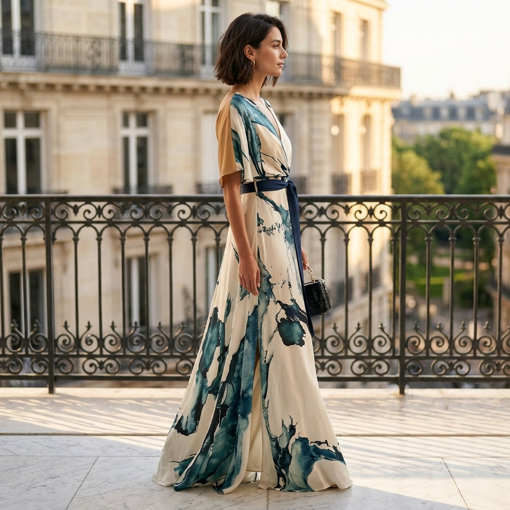 Robe longue aquarelle à taille nouée