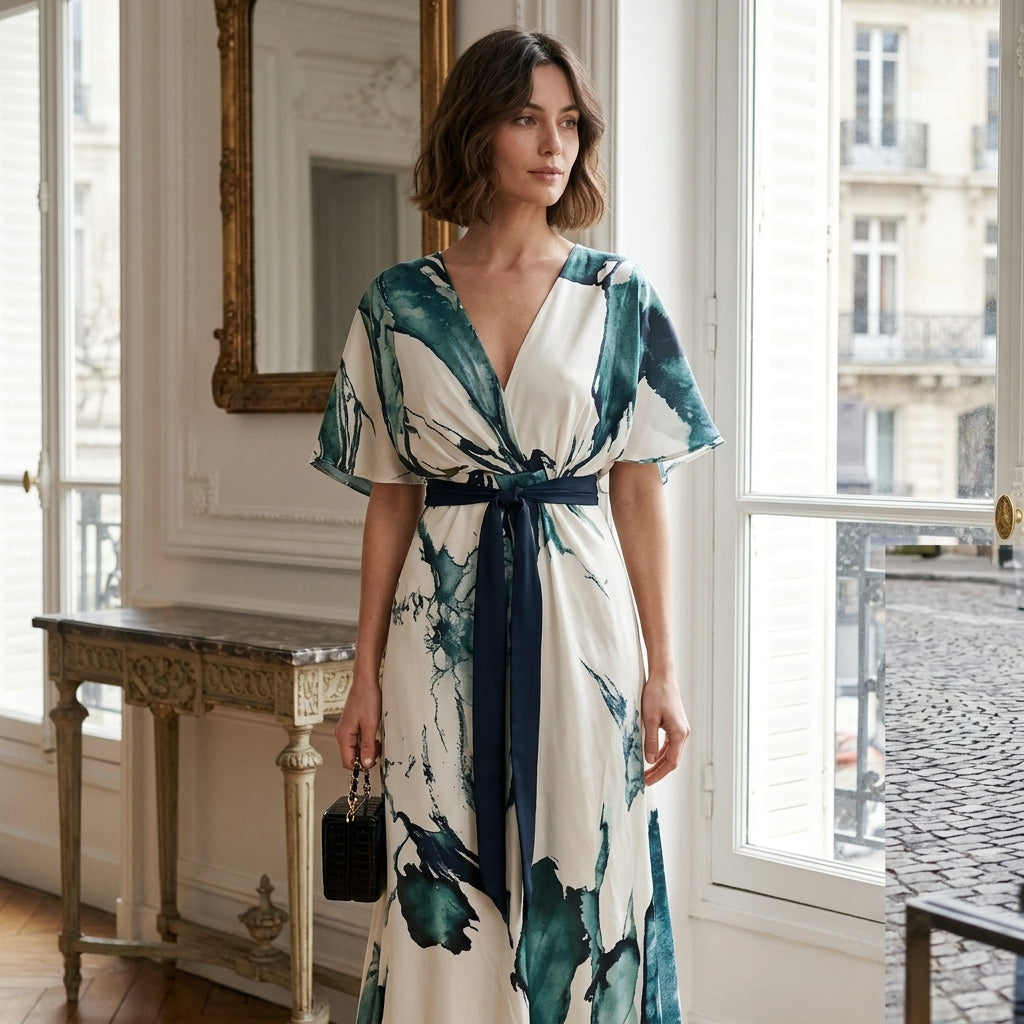 Robe longue aquarelle à taille nouée