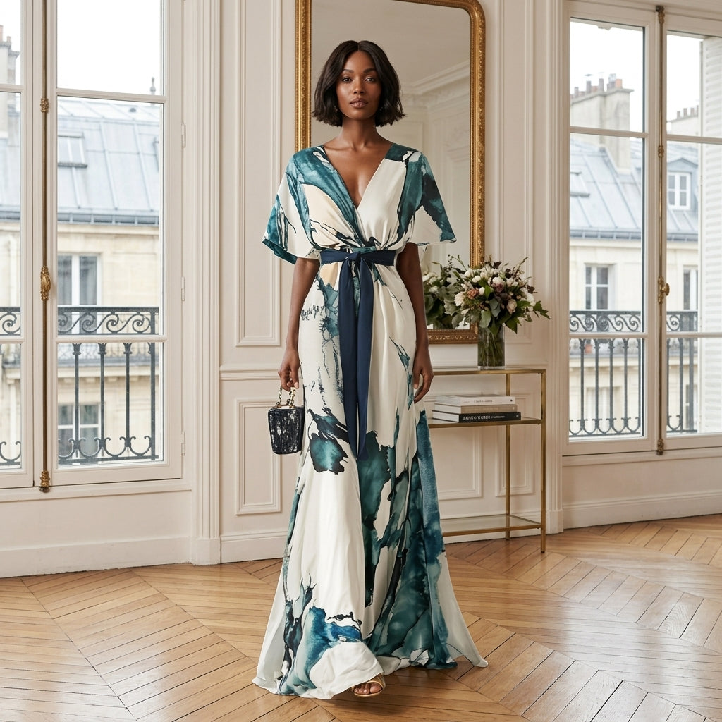 Robe longue aquarelle à taille nouée