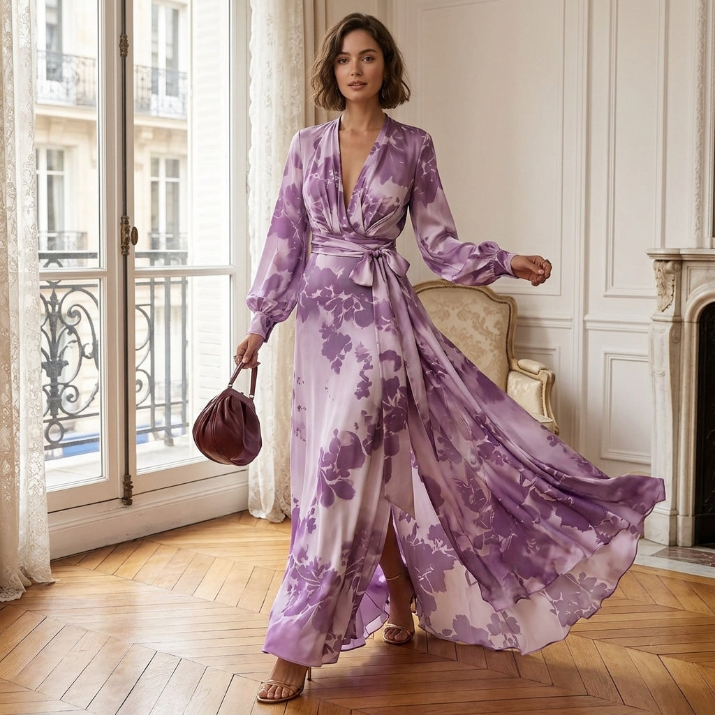 Robe longue ceinturée en mousseline à imprimé floral