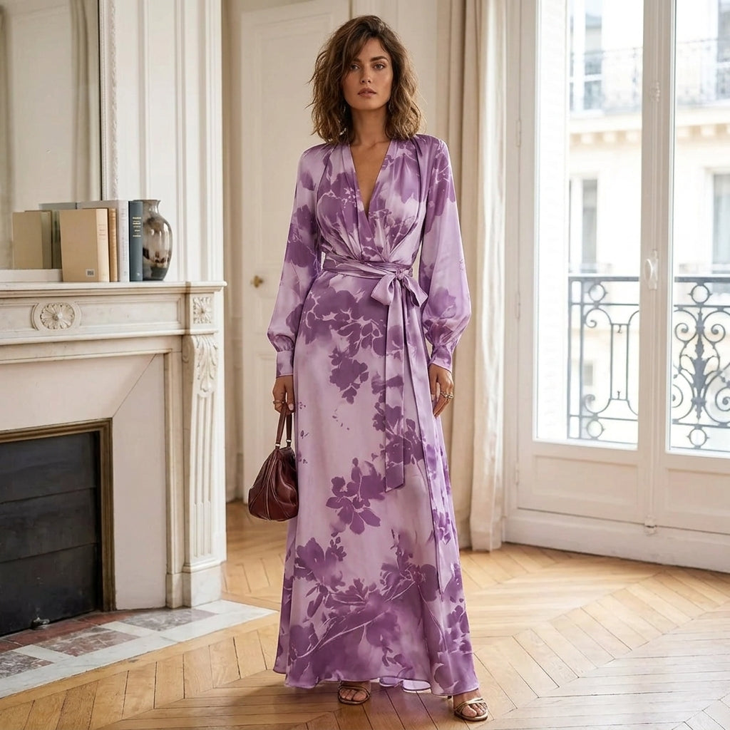 Robe longue ceinturée en mousseline à imprimé floral