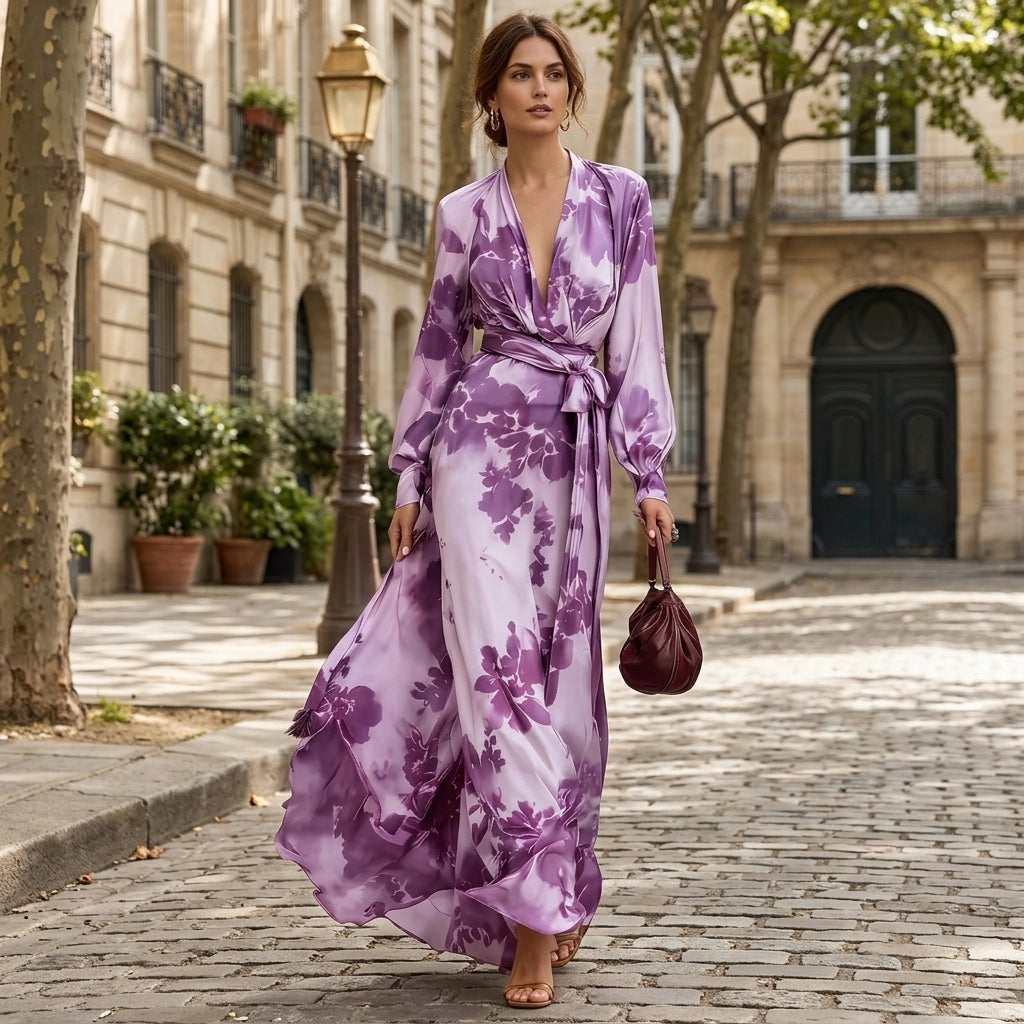 Robe longue ceinturée en mousseline à imprimé floral