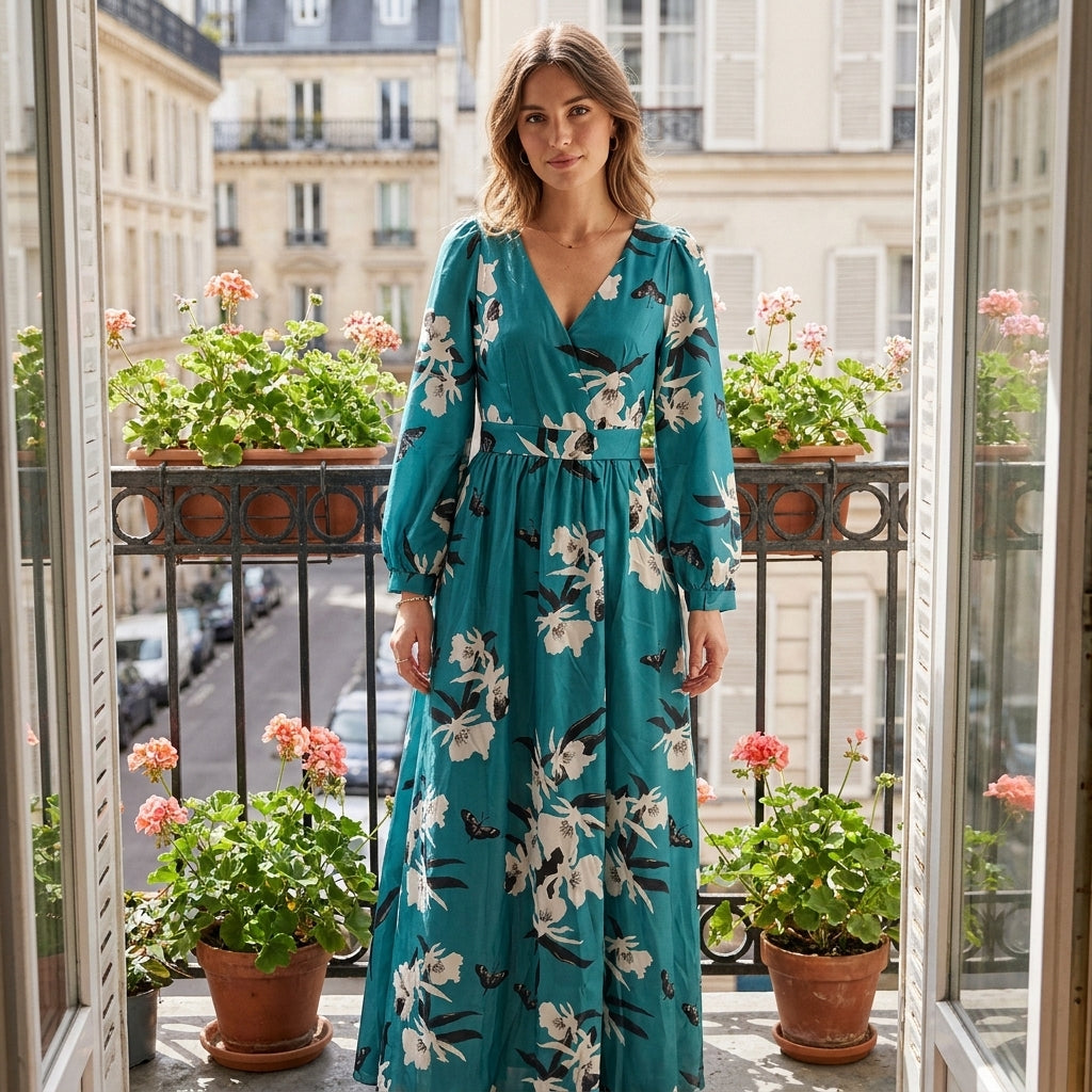 Robe longue violette à fleurs et col en V