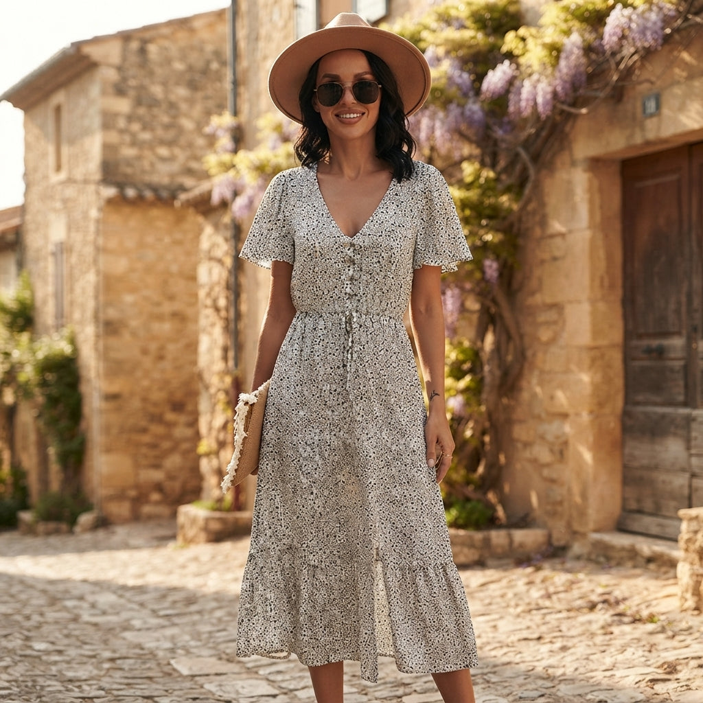 Robe bohème à col en V et volants