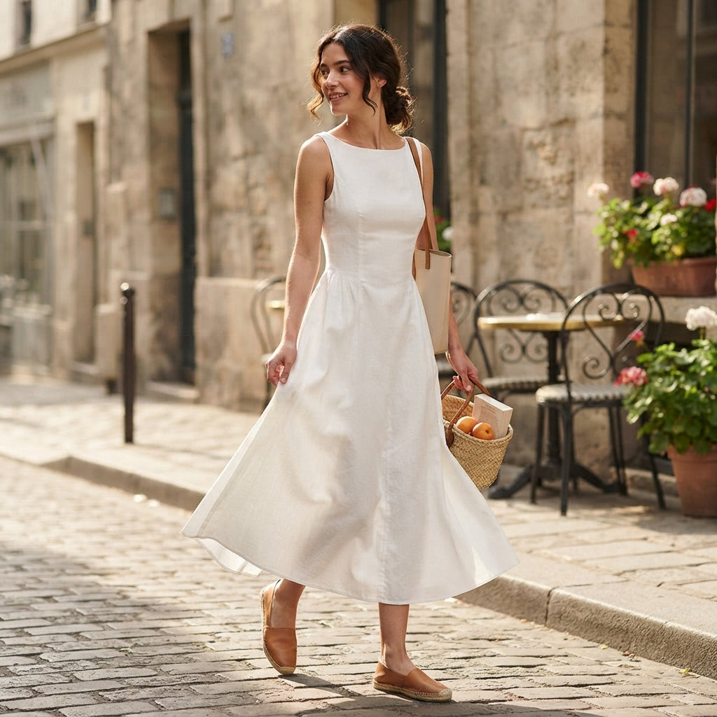 Robe midi rouge plissée à col bateau