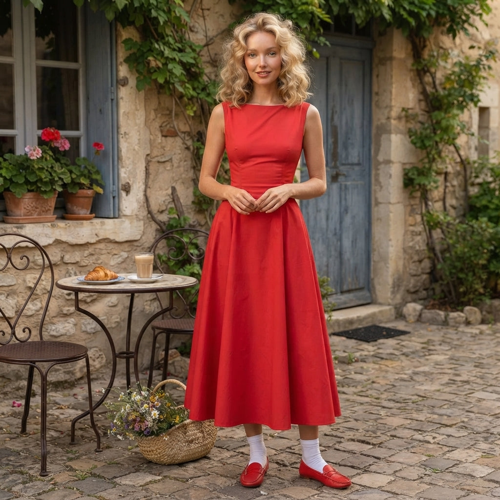 Robe midi rouge plissée à col bateau