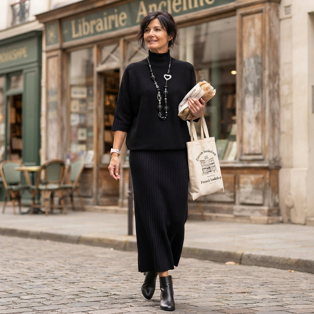 Ensemble jupe midi à col roulé côtelé