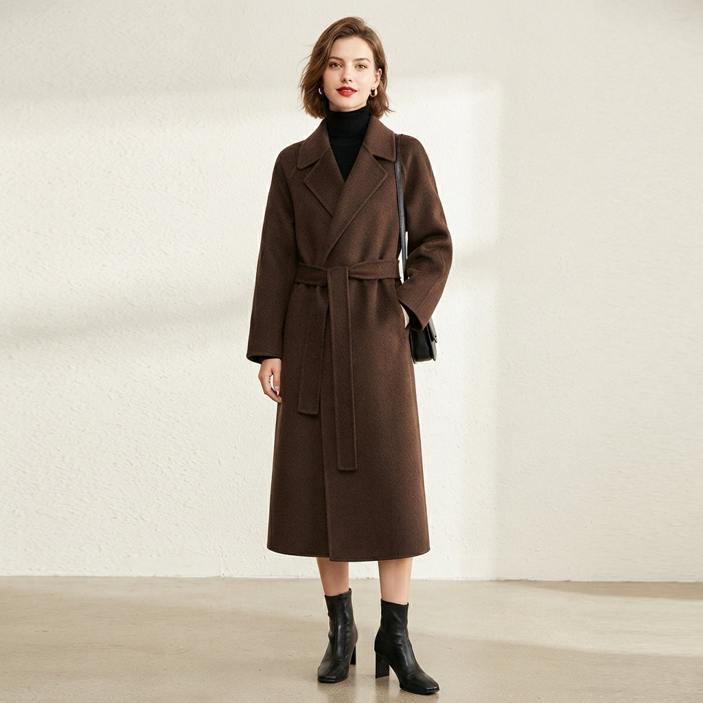 Manteau long à revers ceinturé