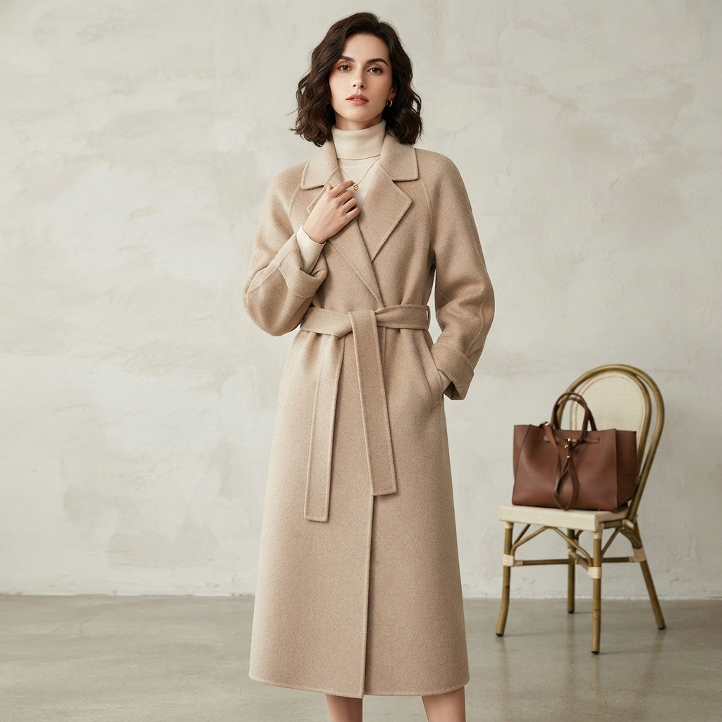Manteau long à revers ceinturé
