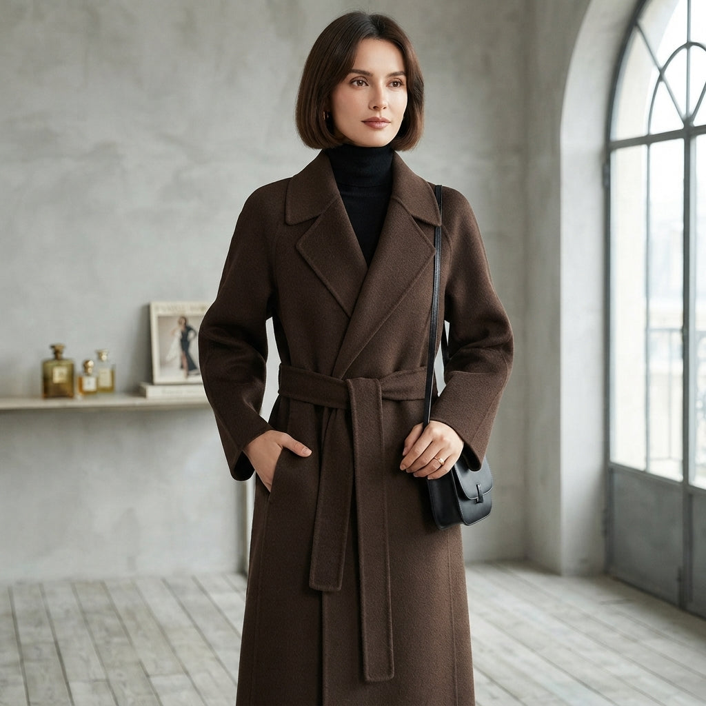 Manteau long à revers ceinturé