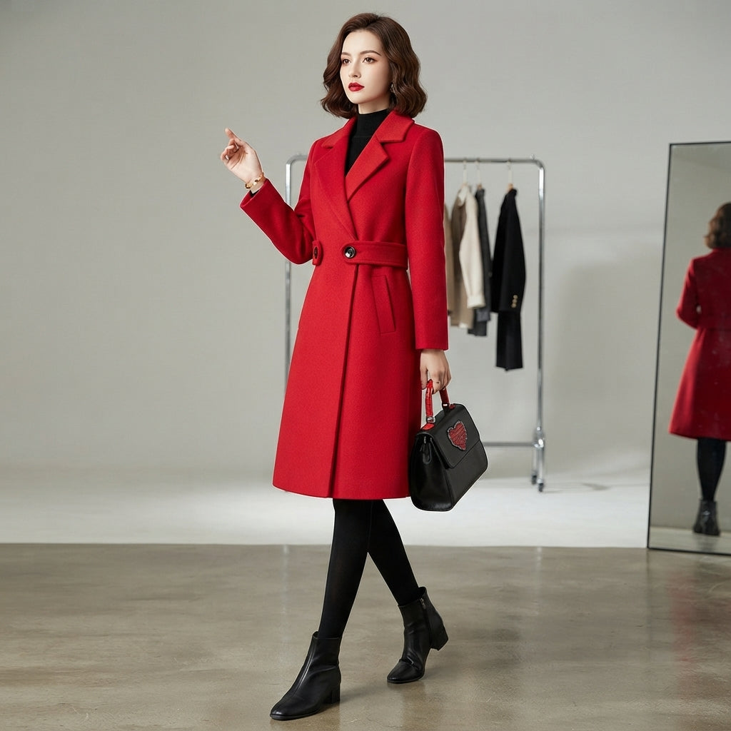 Manteau en laine à revers ceinturé