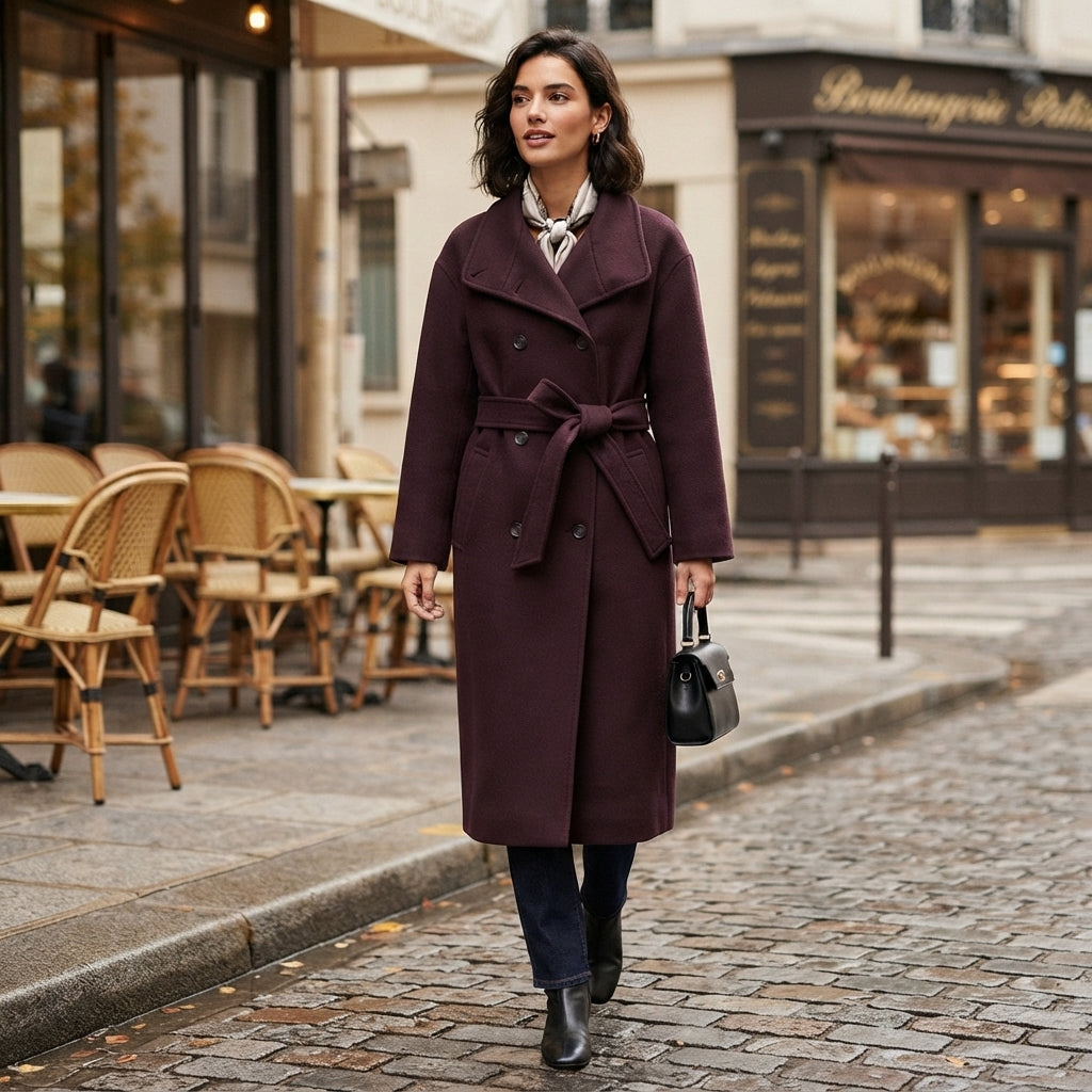 Manteau croisé en laine avec ceinture