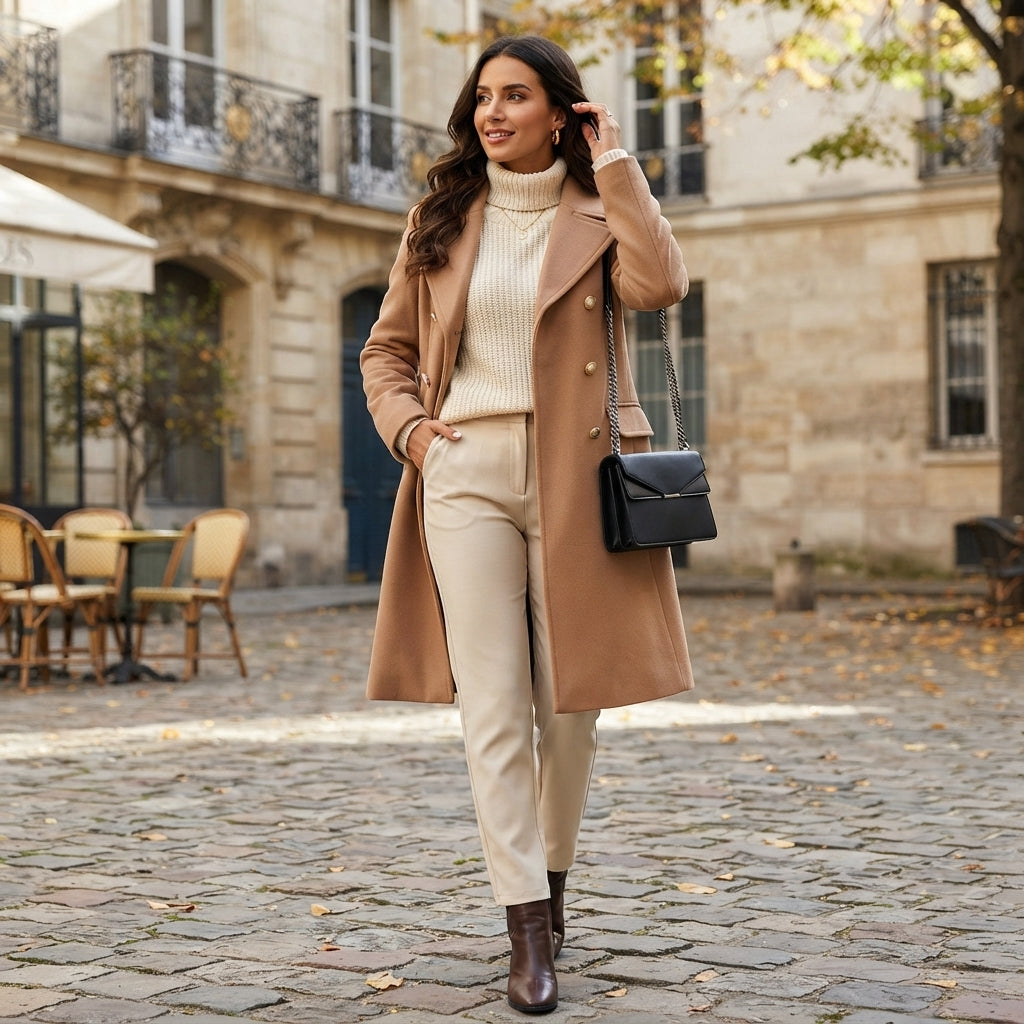 Manteau long en laine à boutons sur le devant