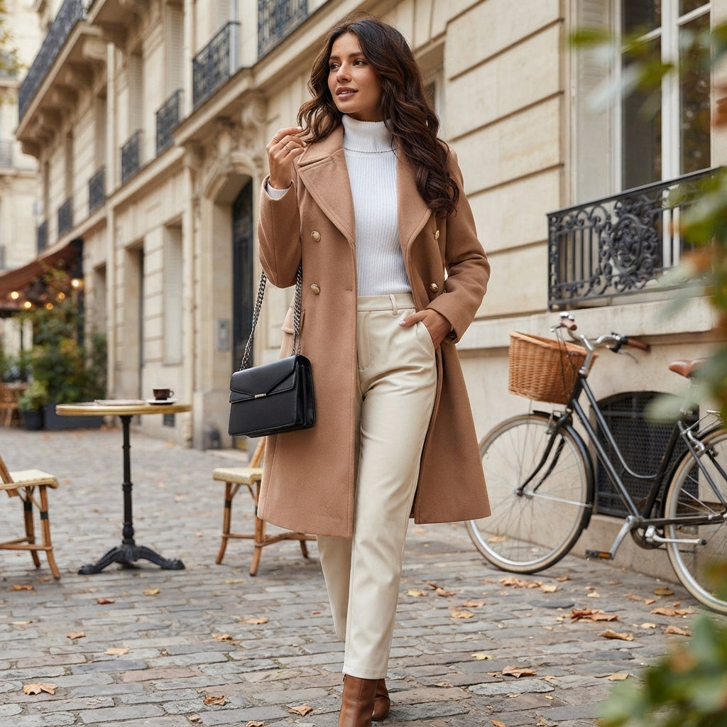 Manteau long en laine à boutons sur le devant
