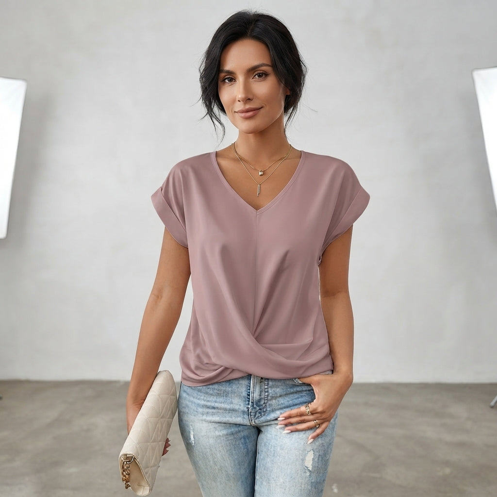 T-shirt décontracté à col en V drapé