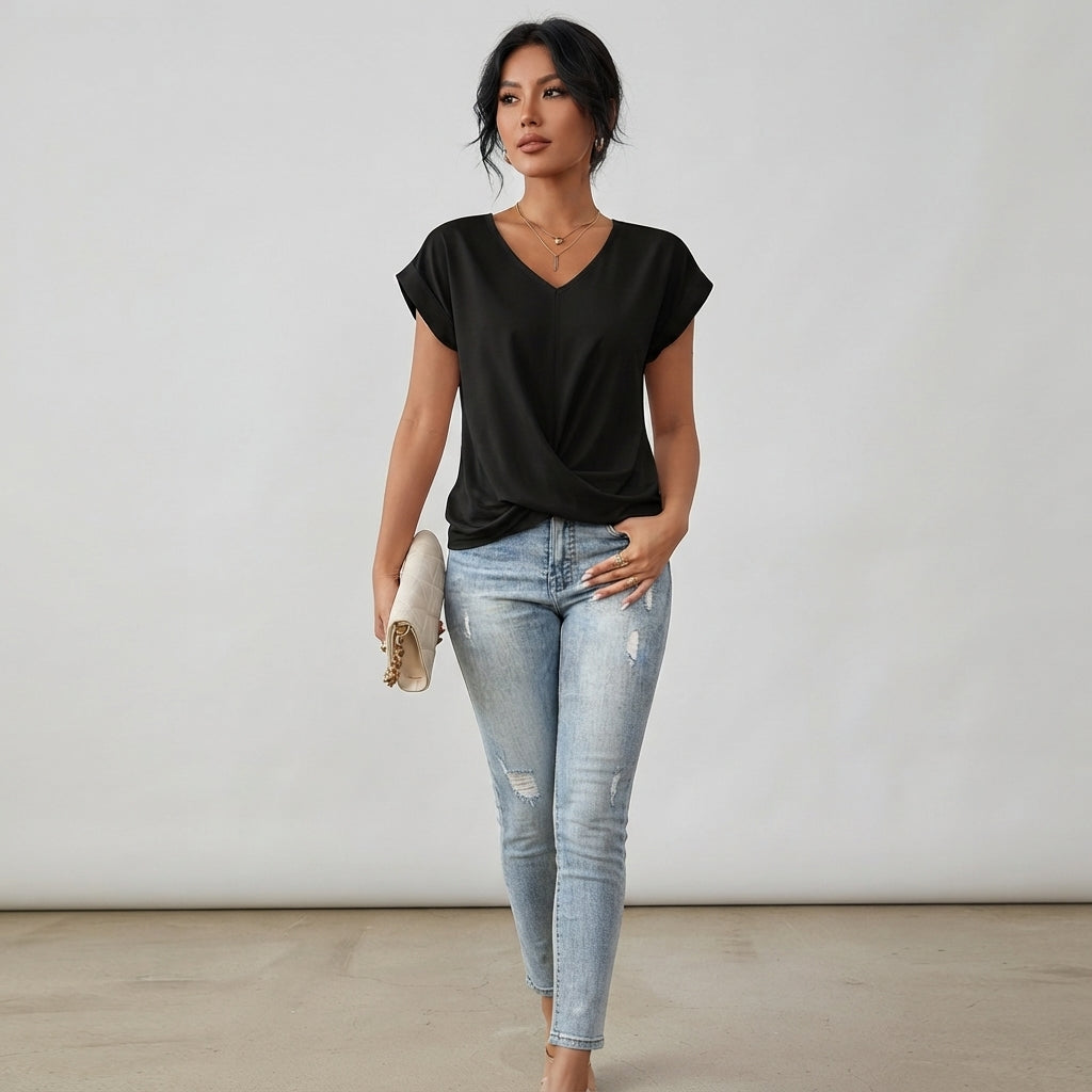 T-shirt décontracté à col en V drapé