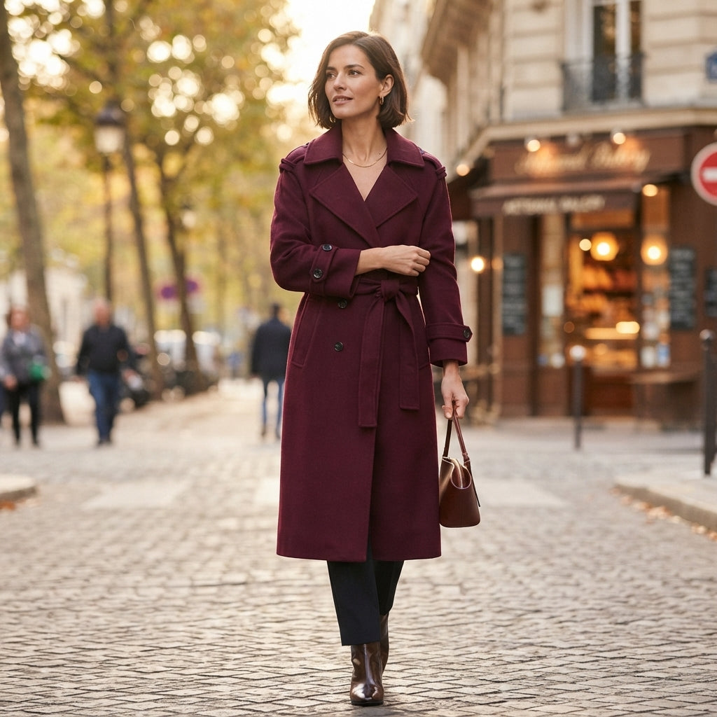 Manteau d'hiver bordeaux ceinturé