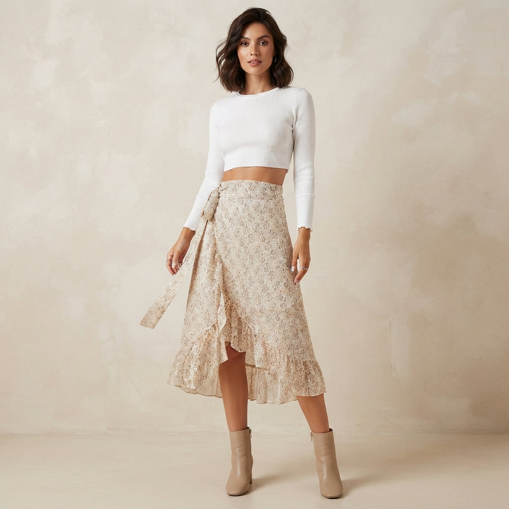 Jupe midi portefeuille à motif floral rose