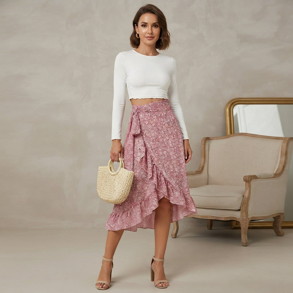 Jupe midi portefeuille à motif floral rose