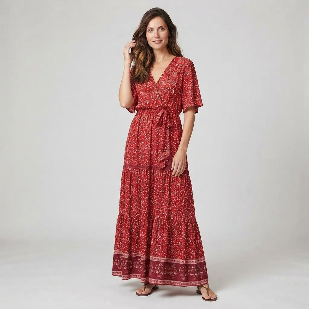 Robe longue bohème turquoise à fleurs