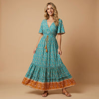 Robe longue bohème turquoise à fleurs