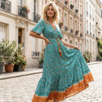 Robe longue bohème turquoise à fleurs