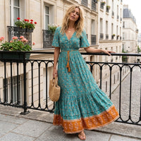 Robe longue bohème turquoise à fleurs