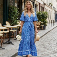 Robe longue bohème turquoise à fleurs