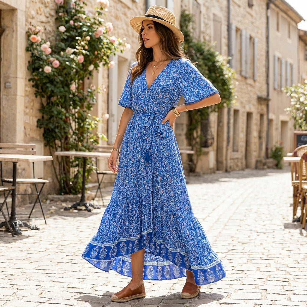 Robe longue bohème turquoise à fleurs