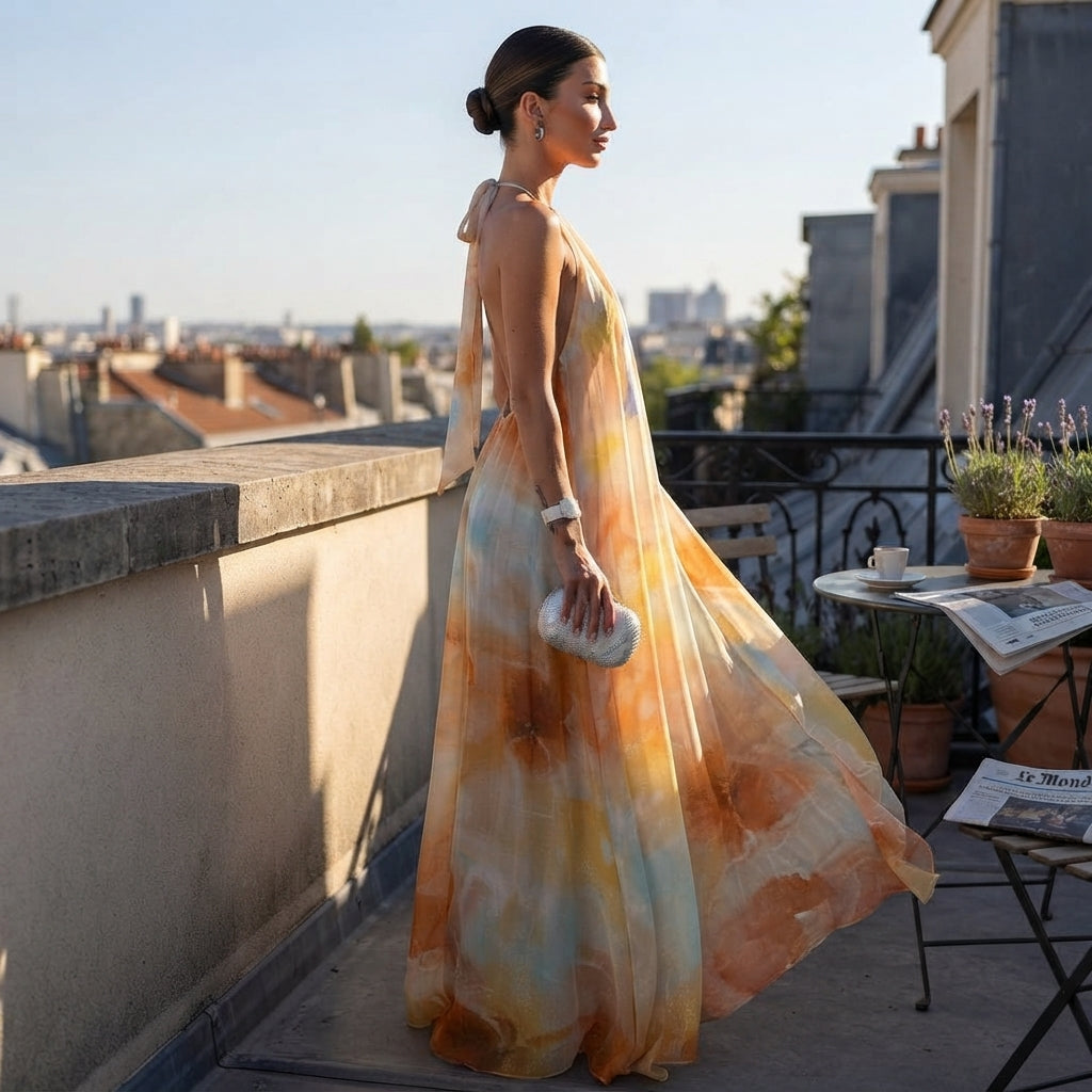 Robe maxi bohème dos nu à bretelles