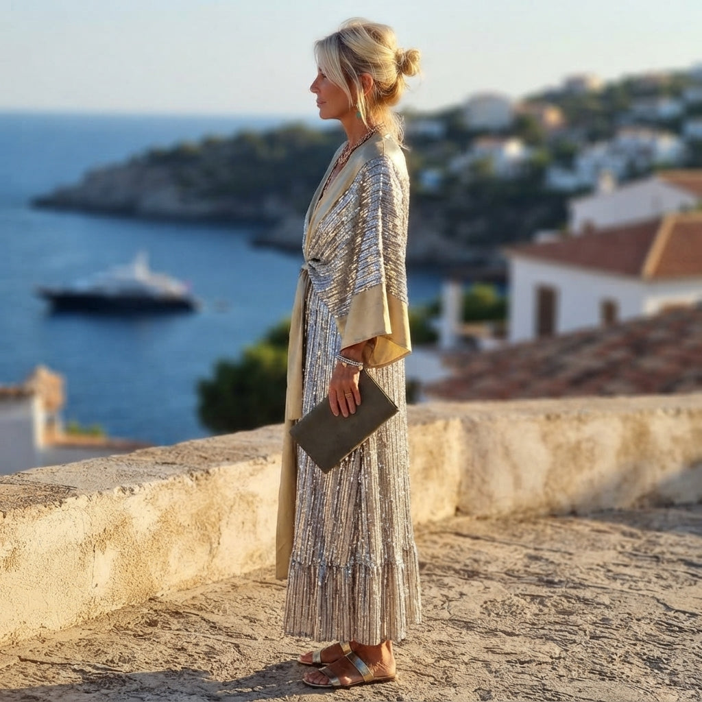 Robe kimono maxi métallisée ceinturée