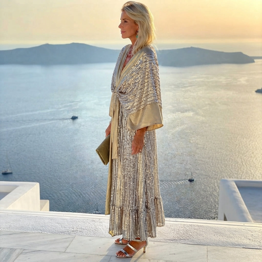 Robe kimono maxi métallisée ceinturée