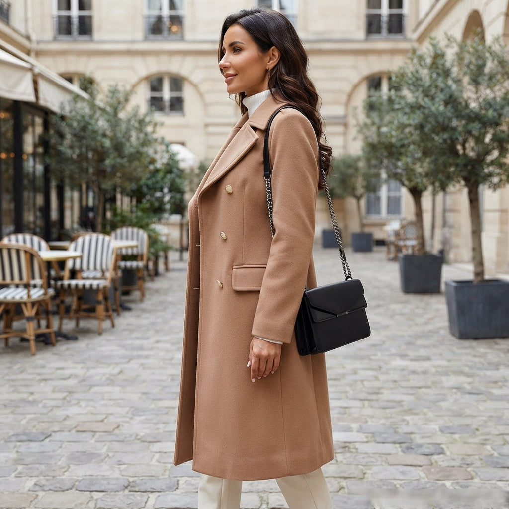 Manteau long en laine à boutons sur le devant