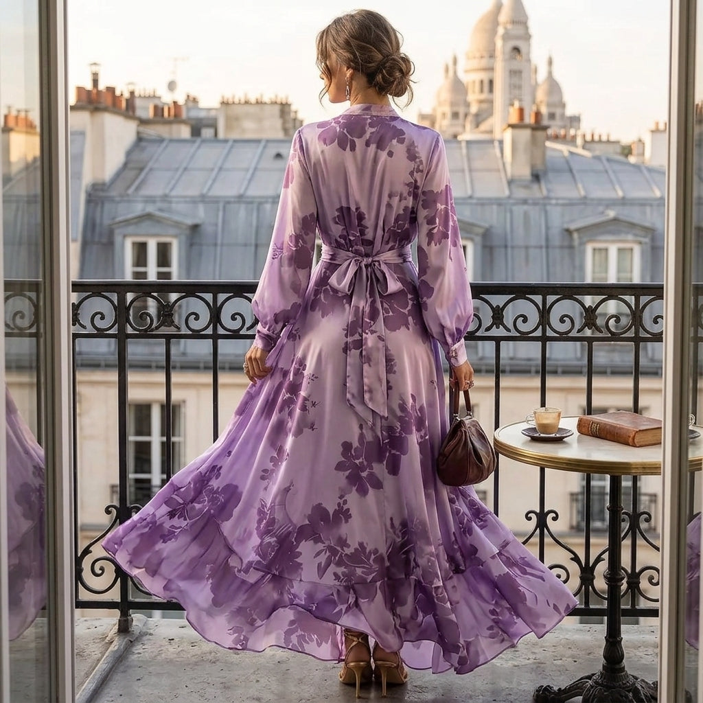 Robe longue ceinturée en mousseline à imprimé floral