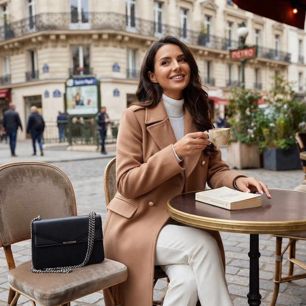 Manteau long en laine à boutons sur le devant