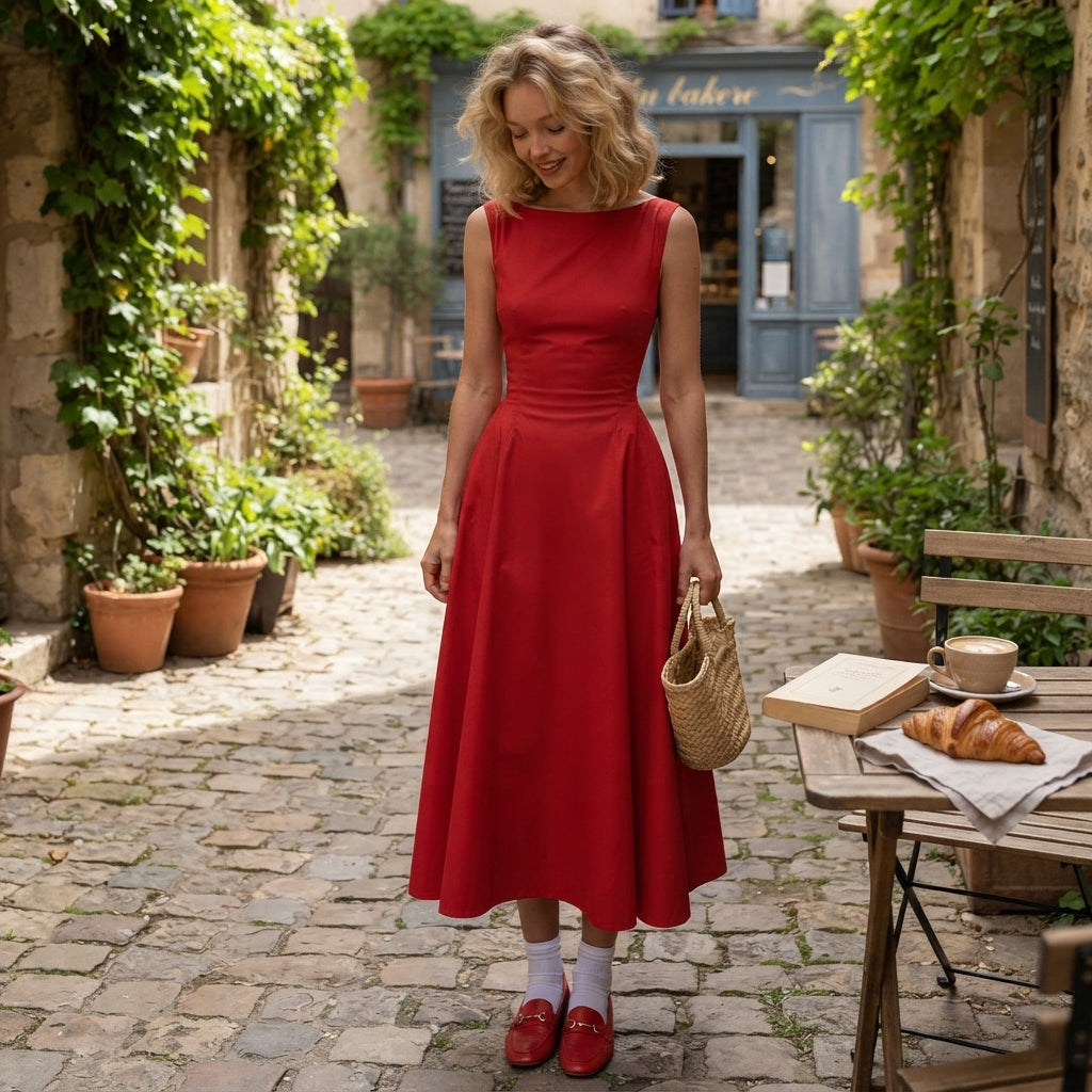 Robe midi rouge plissée à col bateau