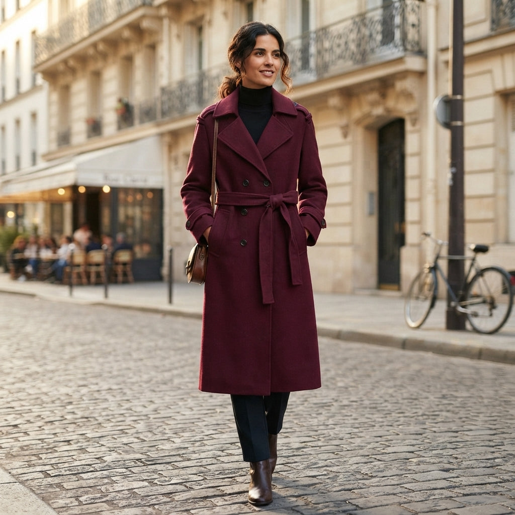 Manteau d'hiver bordeaux ceinturé