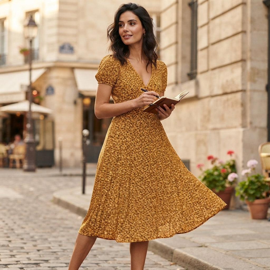 Robe midi fluide à col en V et coupe trapèze