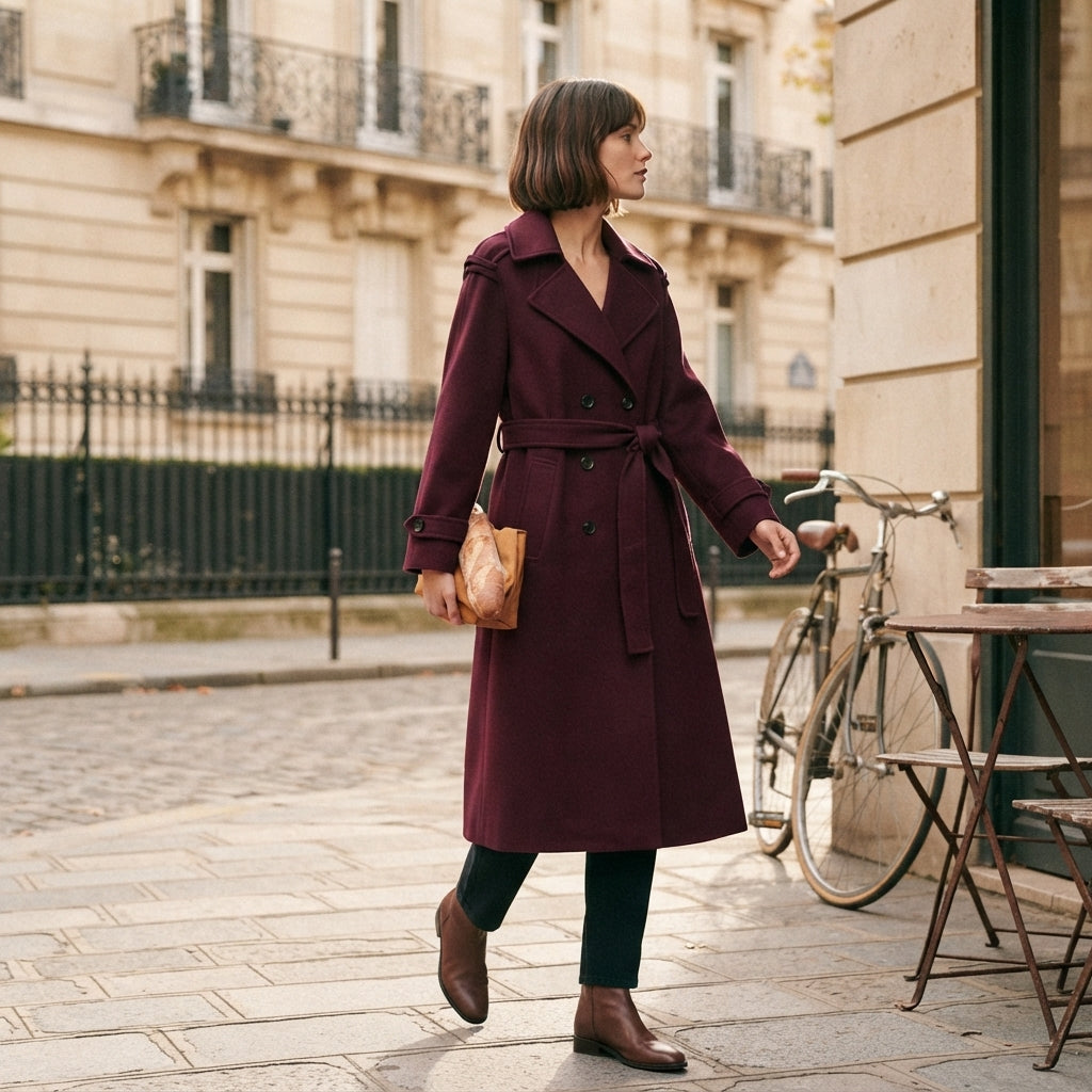 Manteau d'hiver bordeaux ceinturé