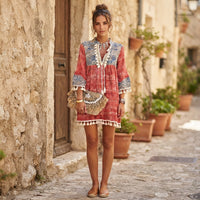 Robe bohème patchwork à pompons