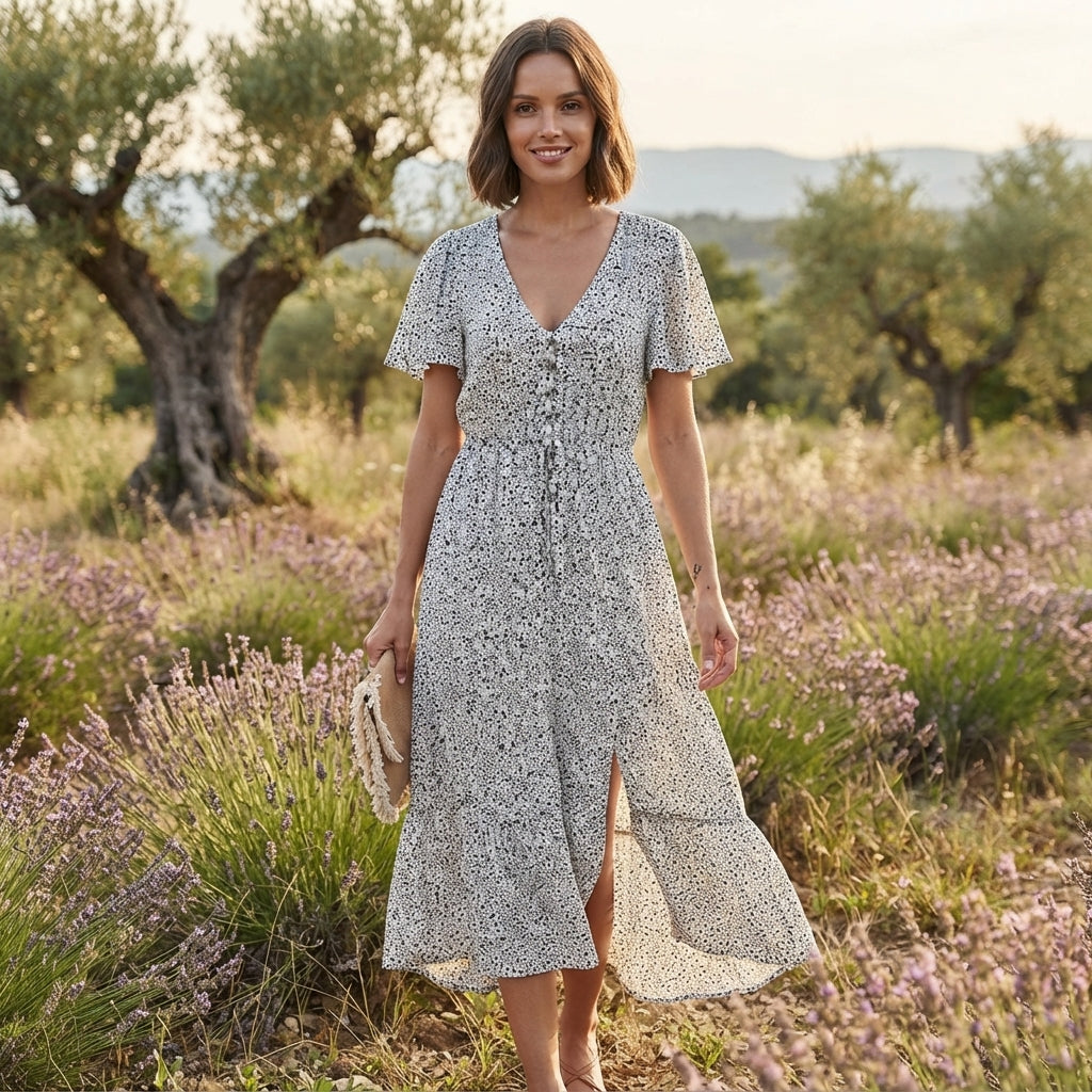 Robe bohème à col en V et volants