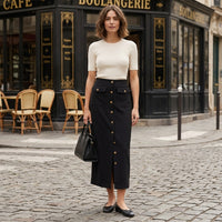 Jupe midi noire boutonnée sur le devant